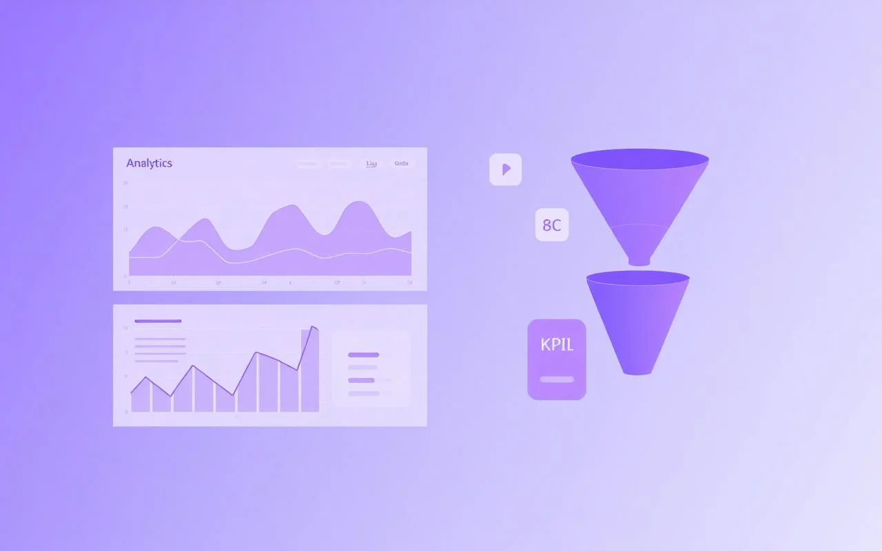 Analytika a měření — fialová ilustrace dashboardu