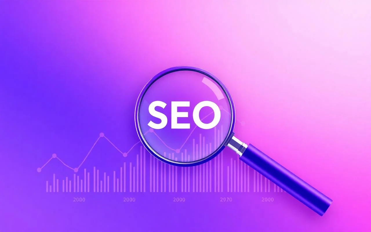 SEO a analýza klíčových slov — ilustrace ve fialovém stylu